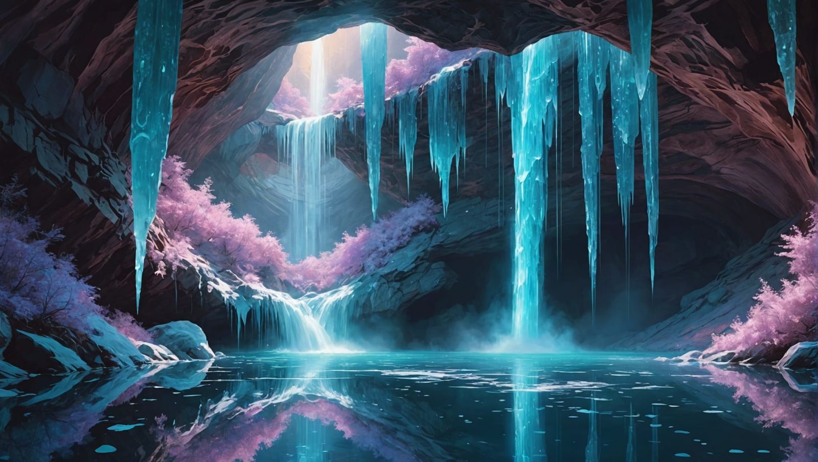 Magical Ice Cave with Bioluminescent Waterfall