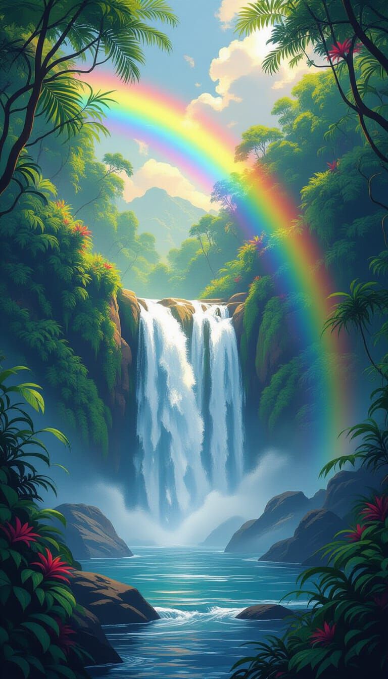 Rainbow Waterfall in Lush Rainforest, Dreamy Digital Art