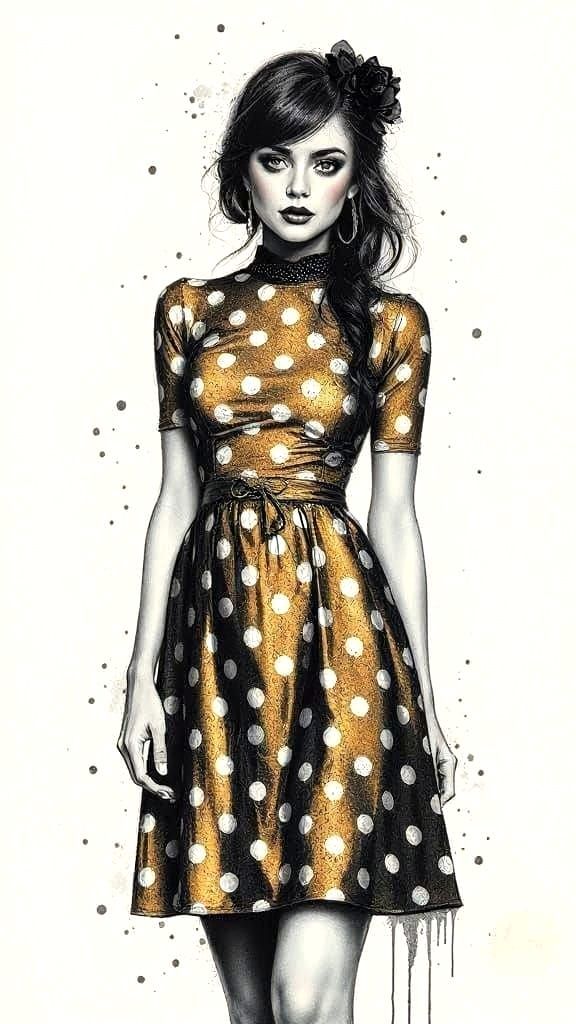 Gothic Metallic Polkadot Portrait in Inkwash Style