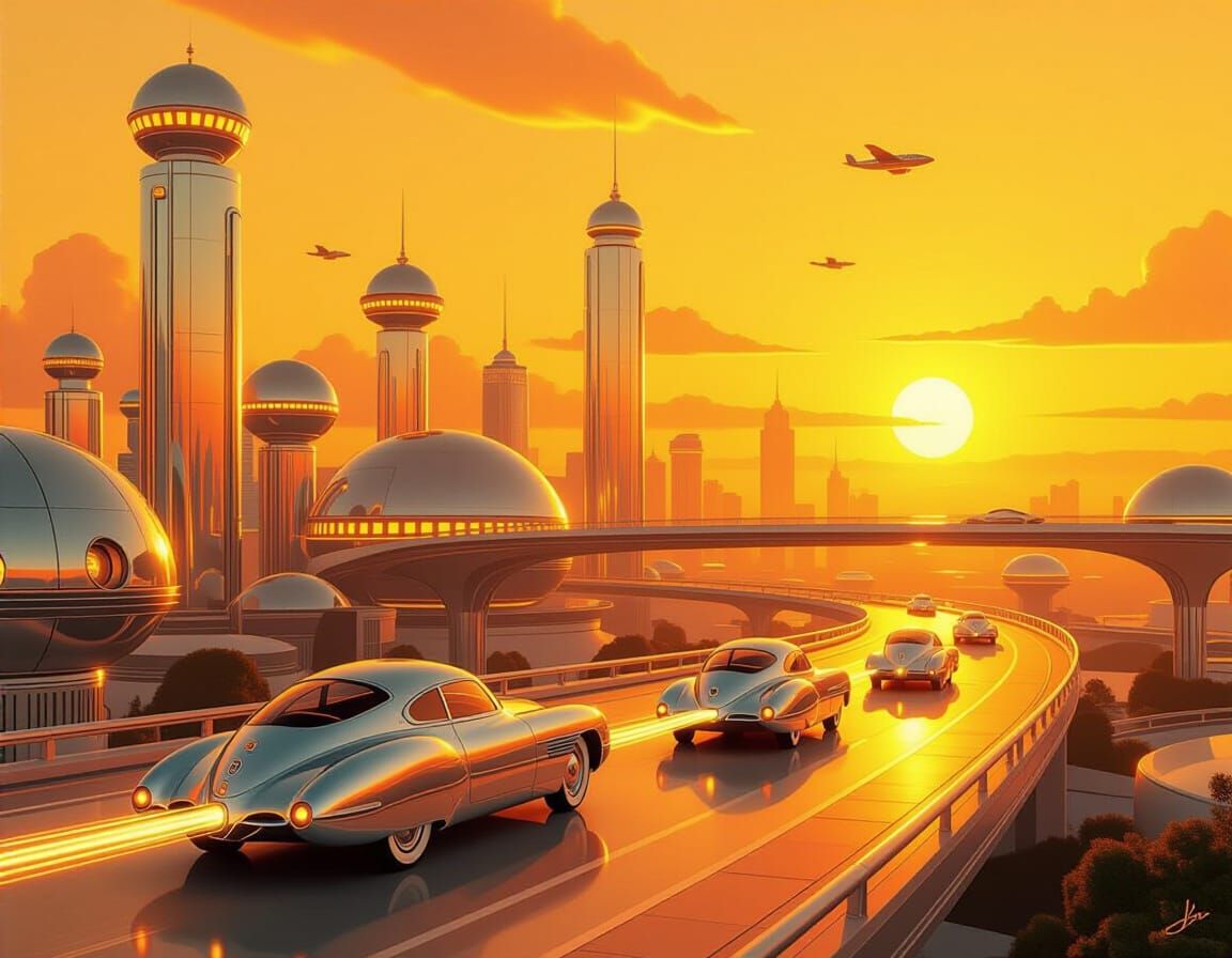 Retro-Futuristic Utopian City at Sunset