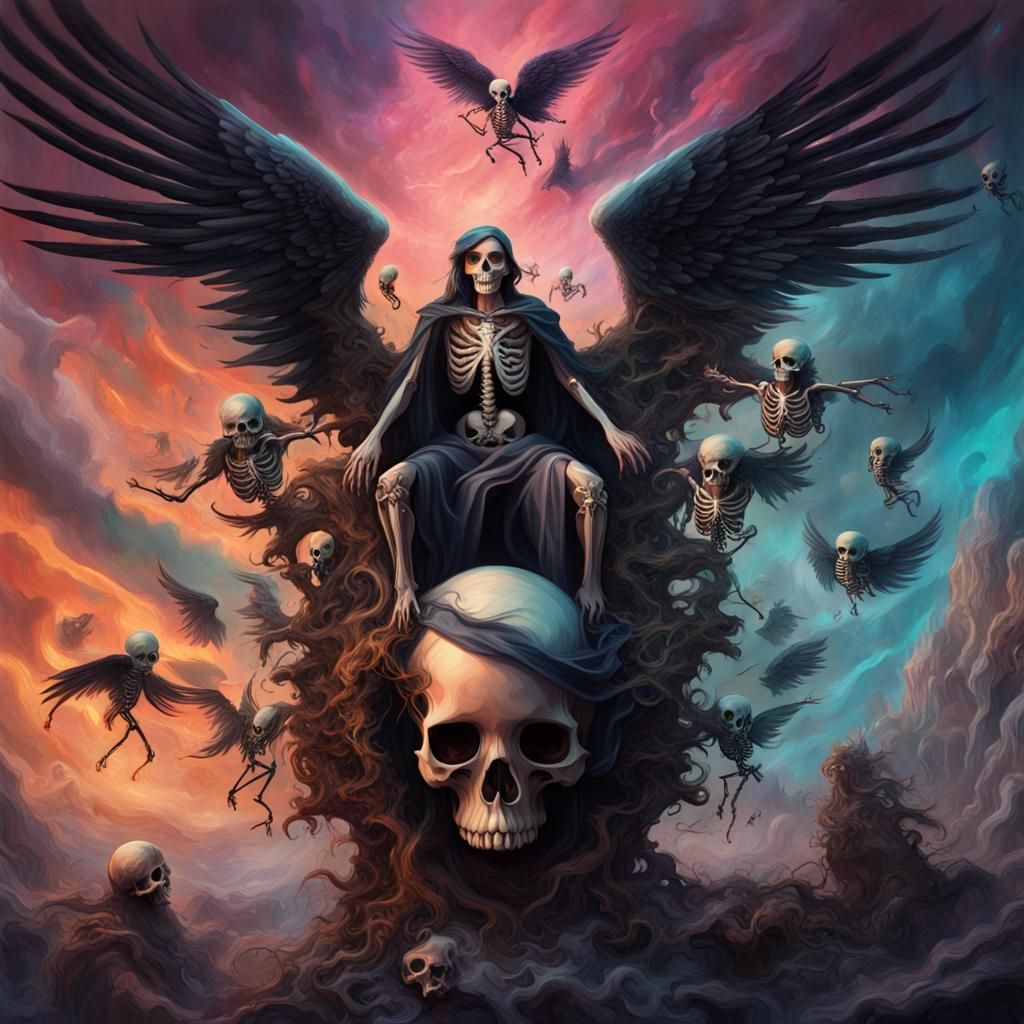 a group of people riding on top of a skull, digital airbrush painting, angel with black wings, angered, intricate image,...