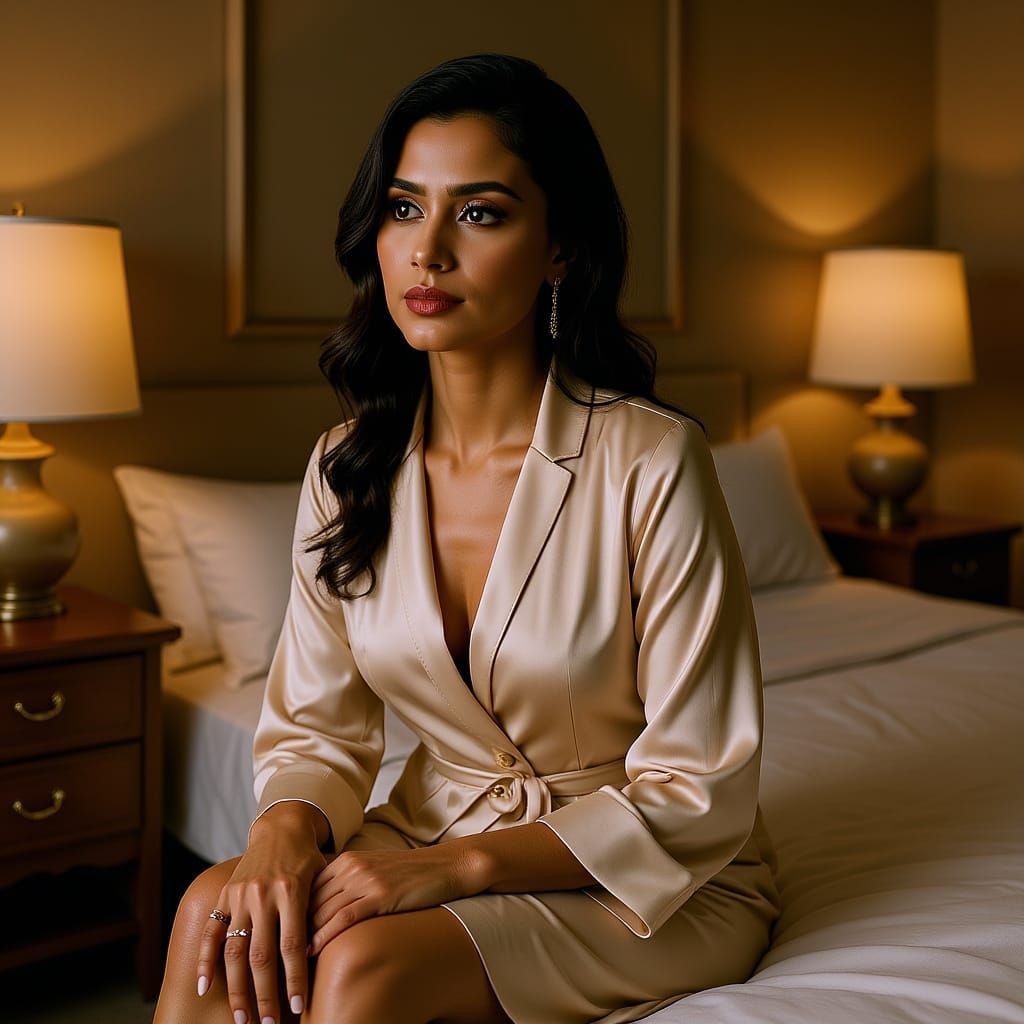 Indian Woman in Silk Robe in Luxurious Bedroom