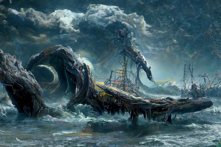 Ocean Maelstrom: Sea Monster Attack in Romanticism Style