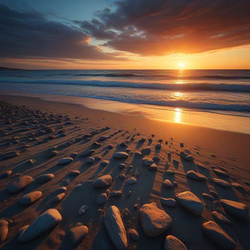 Dramatic Ocean Sunset Over Empty Beach Oil Painting