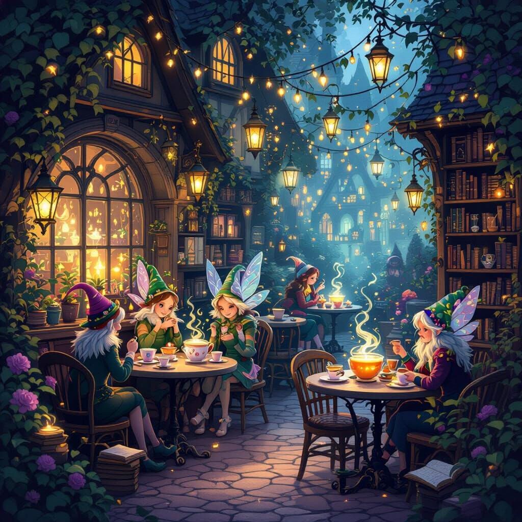 Whimsical Cafe Scene with Enchanted Patrons and Fairy Lights