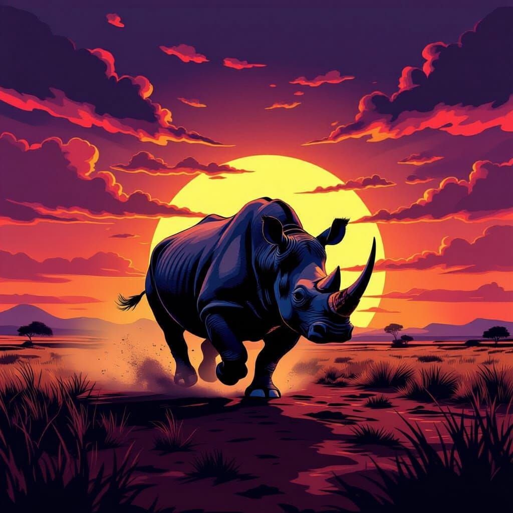 Rhino Charges Savanna in Bold Graphic Novel Style