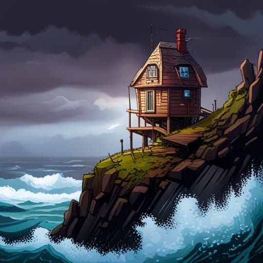 Gnome House on Cliffside Overlooking Stormy Ocean
