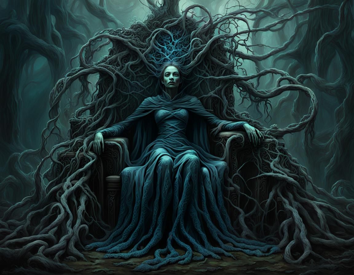 Ethereal Queen of Shadows in Dark Fantasy Realm