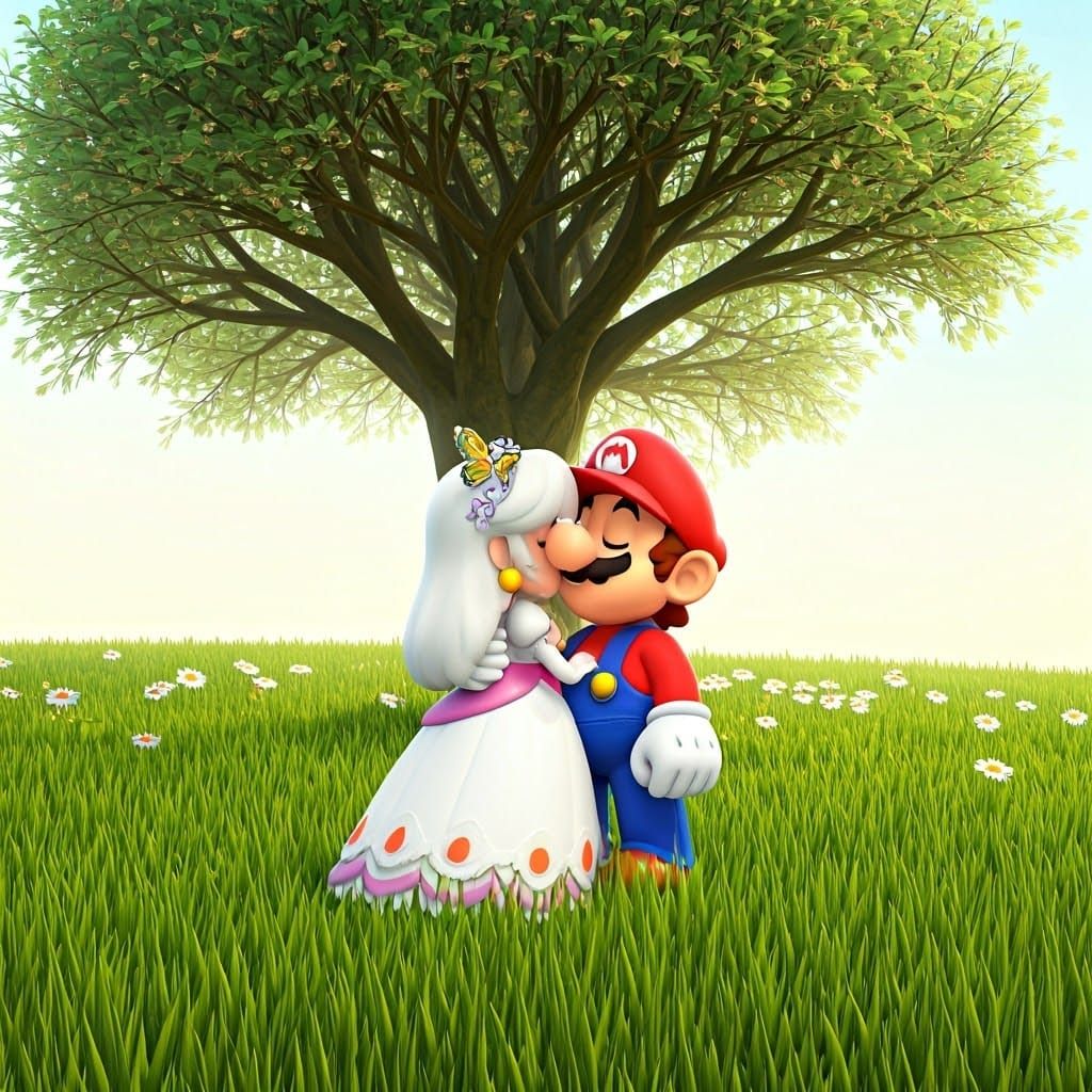 Romantic Super Mario Kiss in Lush Meadow