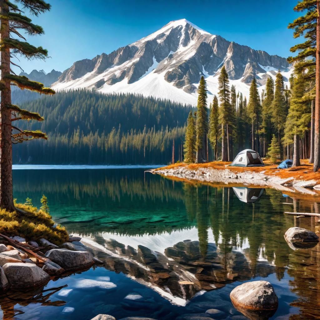 Scenic Mountain Lake Campsite in Pine Forest