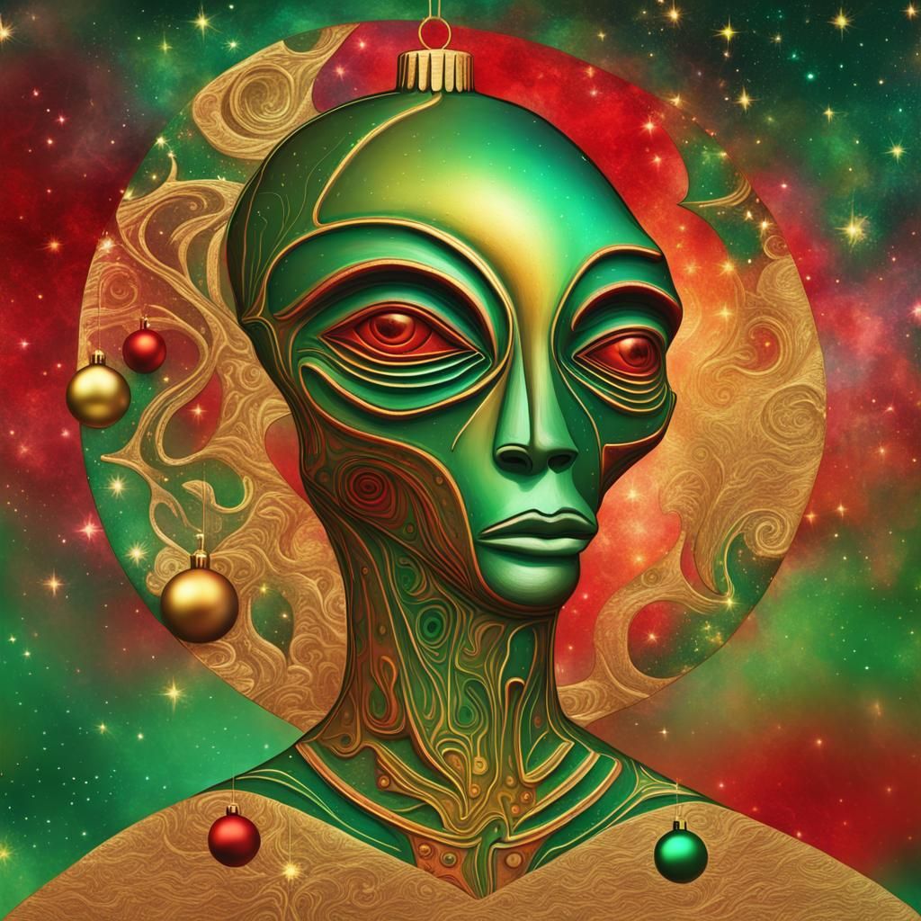 Picasso-esque Alien Christmas Ornament in Gold and Red