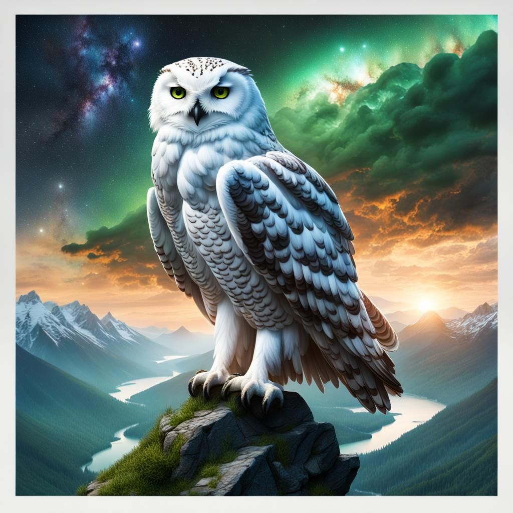 Snow Owl Soaring Through Galaxy Sky