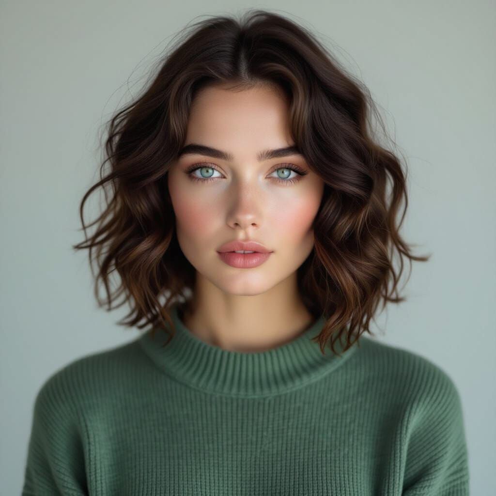 Young Woman with Ice Blue Eyes and Wolfcut Hairstyle