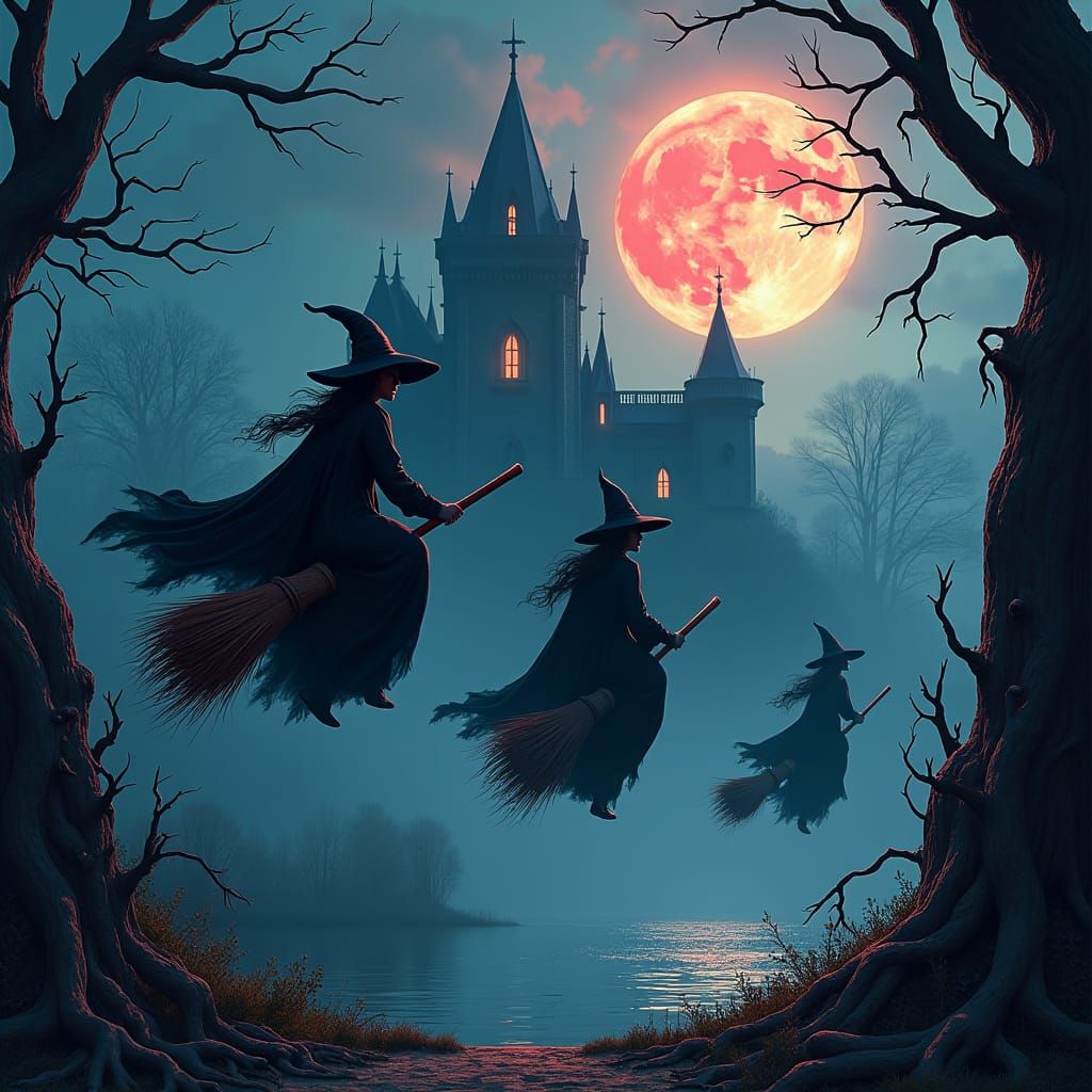 Witches Ride Brooms Under Full Moon, Fantasy Art