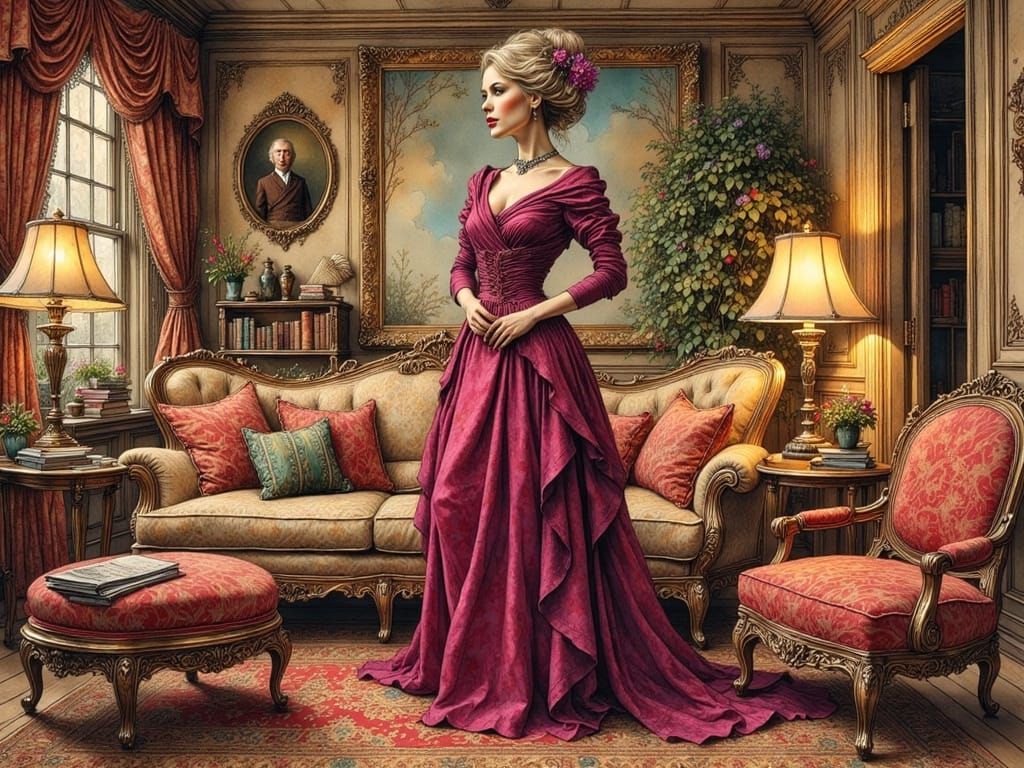 Authoritative Woman in Opulent Living Room, Art Nouveau Styl...