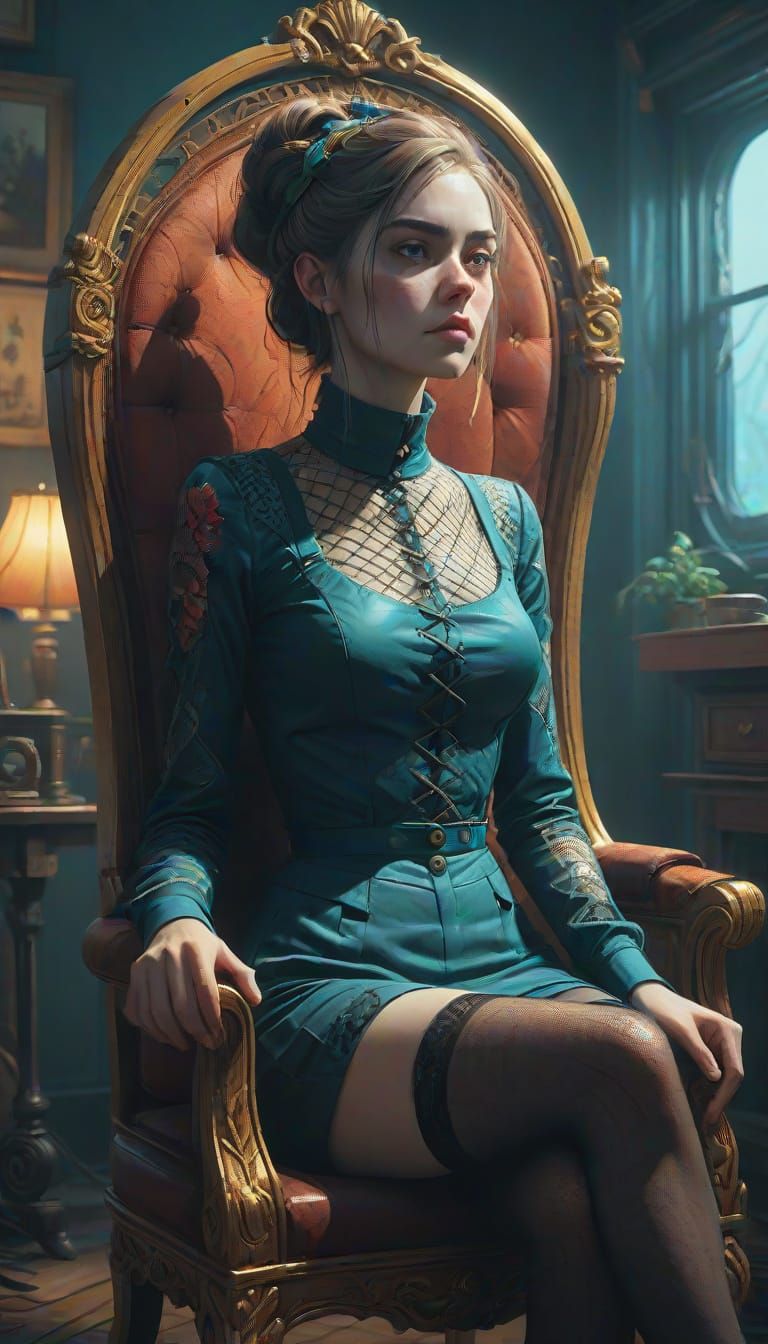 Lady Contemplating in Ornate Chair