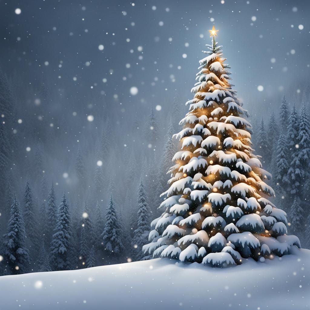 Snowy Christmas Tree in Winter Woods