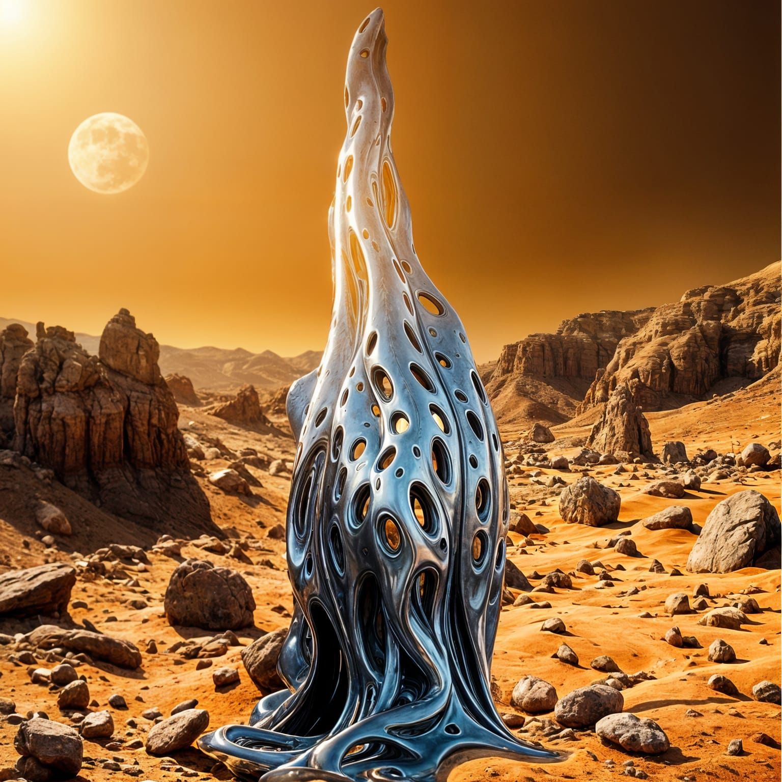Surrealistic Metallic Sculpture in an Orange Canyon Valley