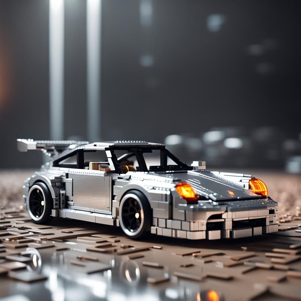 Futuristic Silver Lego Porsche Car in Sci-Fi Style