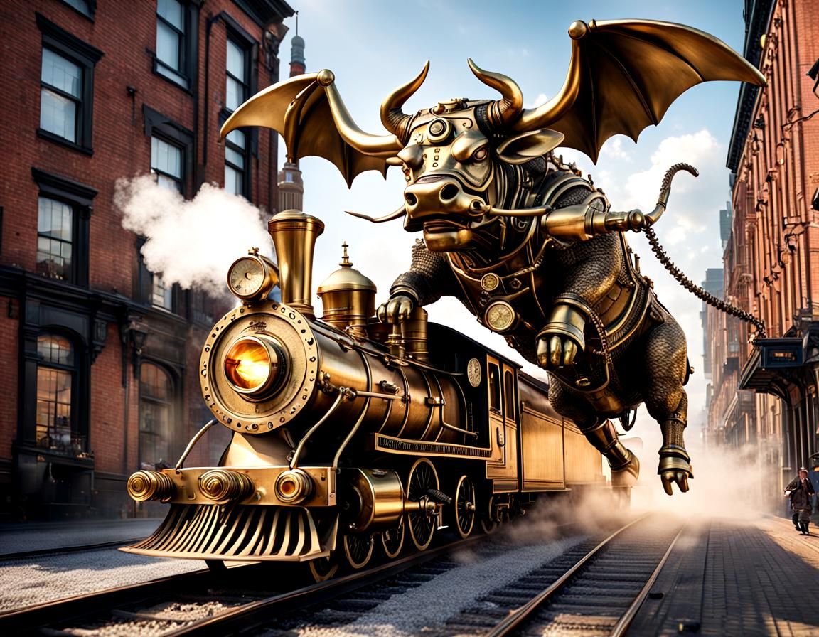Steampunk Bull vs Dragon in Victorian City