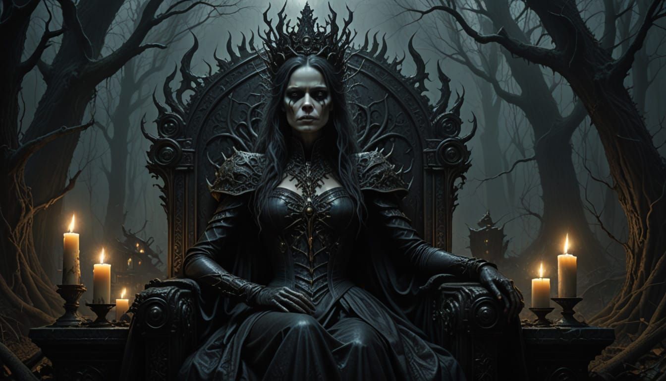 Mature Woman in Dark Gothic Victorian Gown and Crown