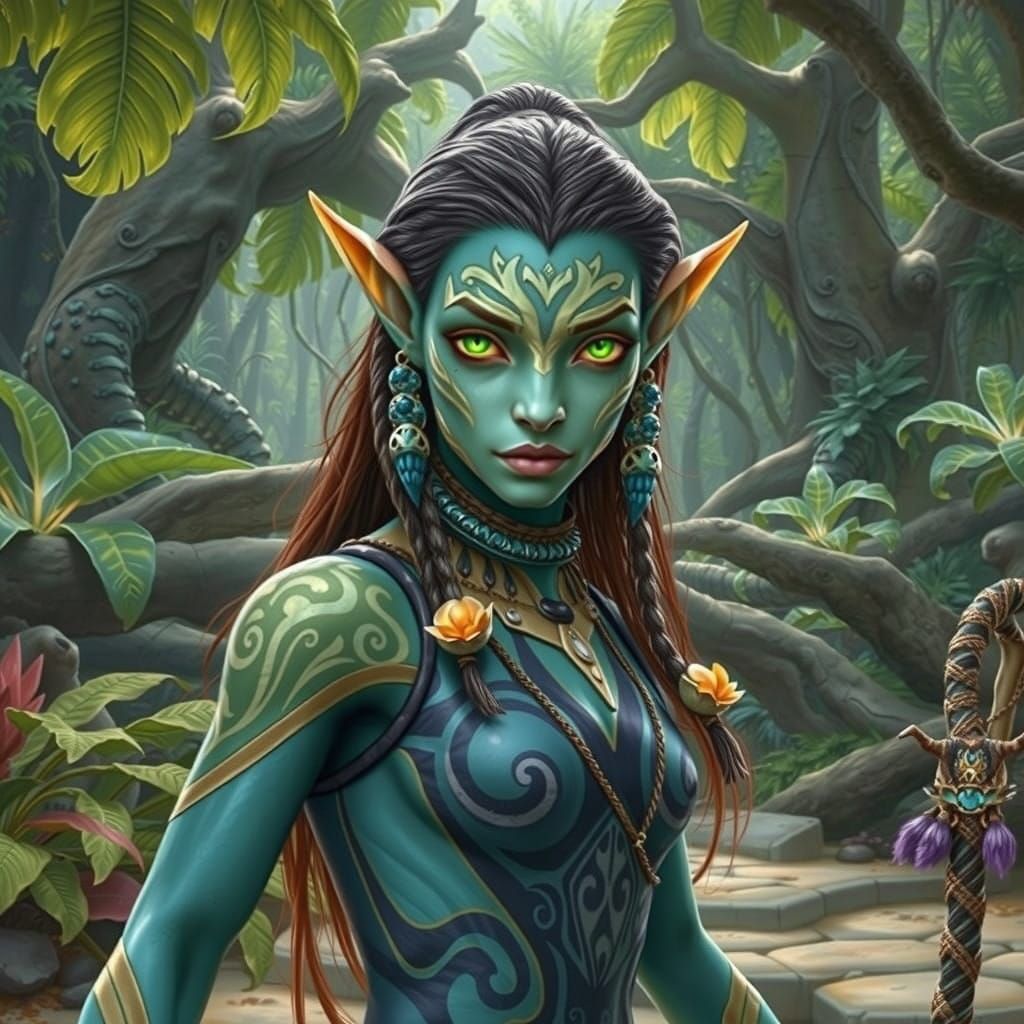 Tall, Fierce Na'vi Warrior in Defensive Stance