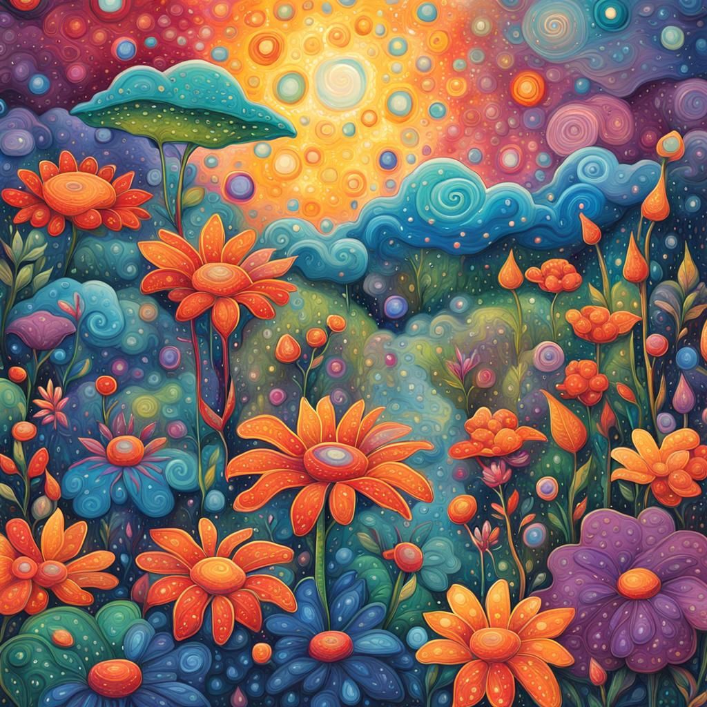 Visionary Cosmic Garden in Rain, Expressionist Style