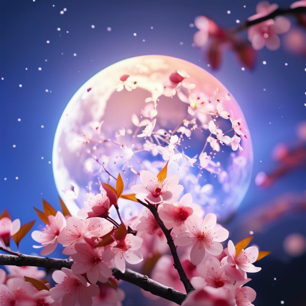 Sakura Flower Against a Super Moon in Splash Art