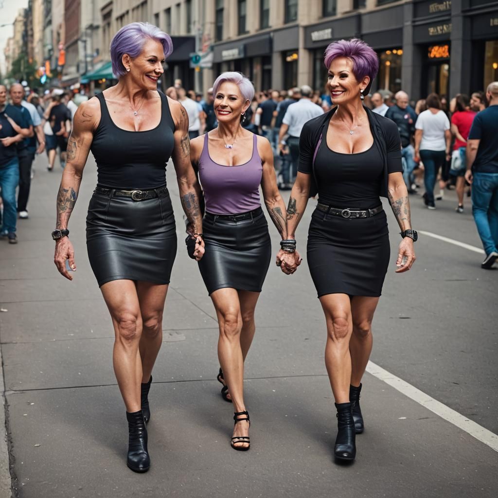 Two Female Bodybuilders Walking in City Street