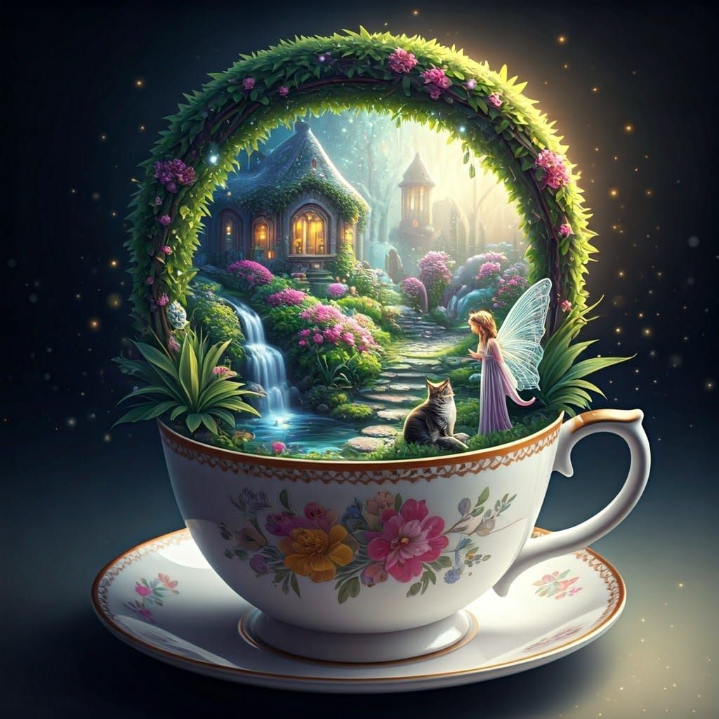 Cats in a Teacup Fantasy Garden Scene