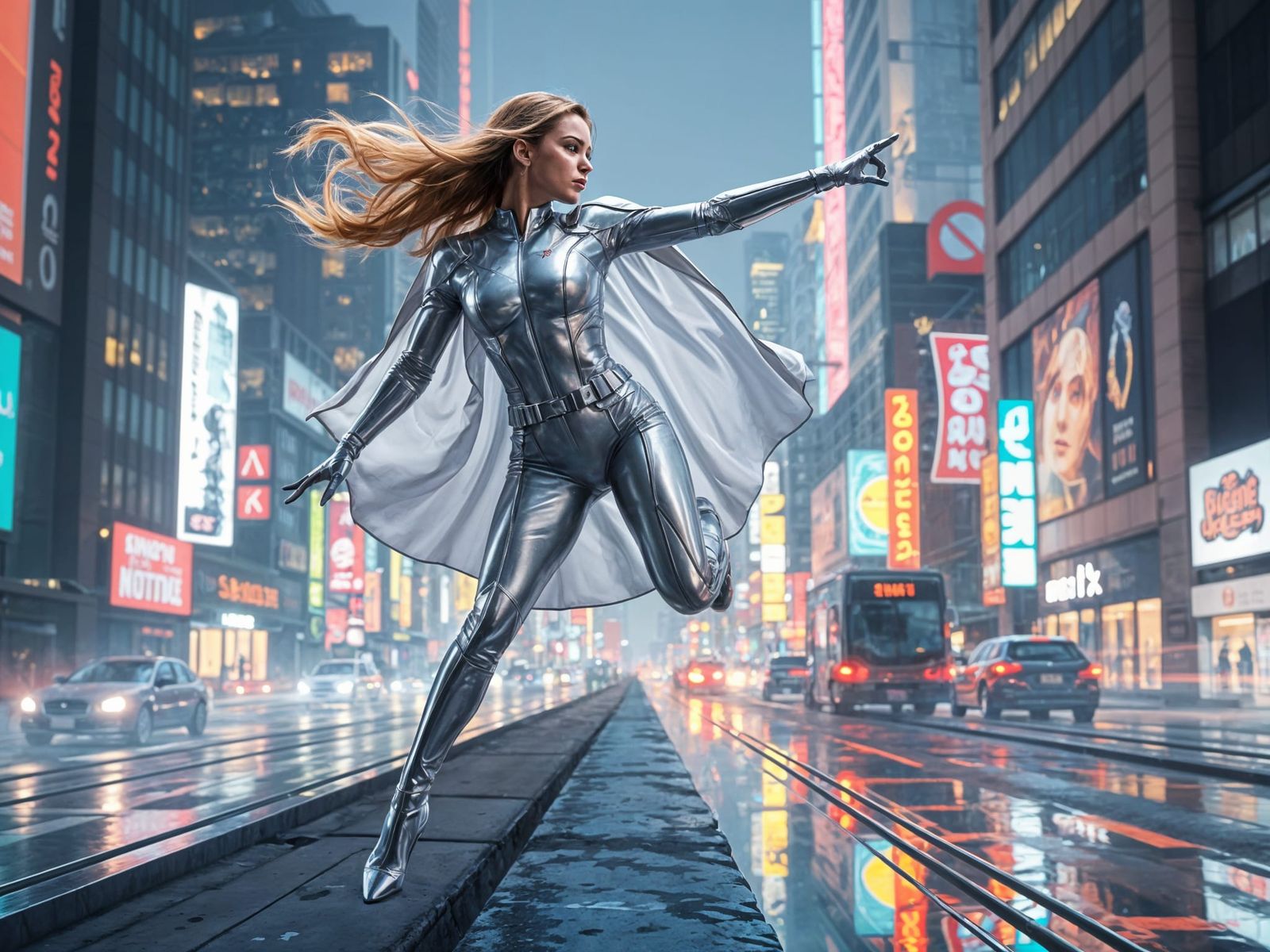 Female Superhero Soaring Over Cyberpunk Cityscape