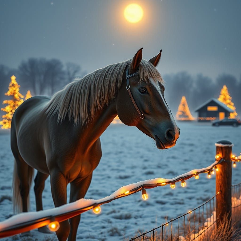 Majestic Horse in Winter Wonderland with Christmas Lights