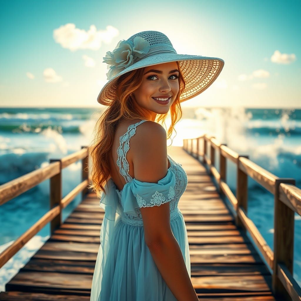 Stunning Woman on Pier in Hyperrealistic Style