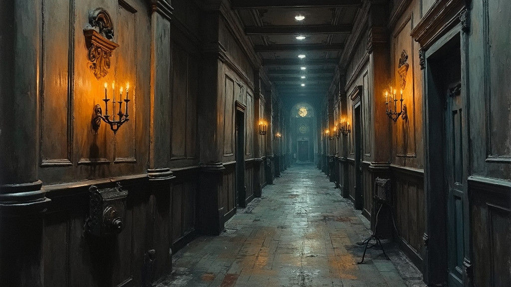 Dimly Lit Hallway in Dark Academia Style