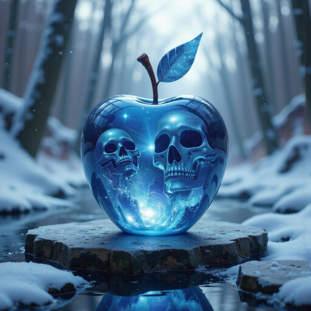 Glass Apple with Demon Skulls in Swirling Mist