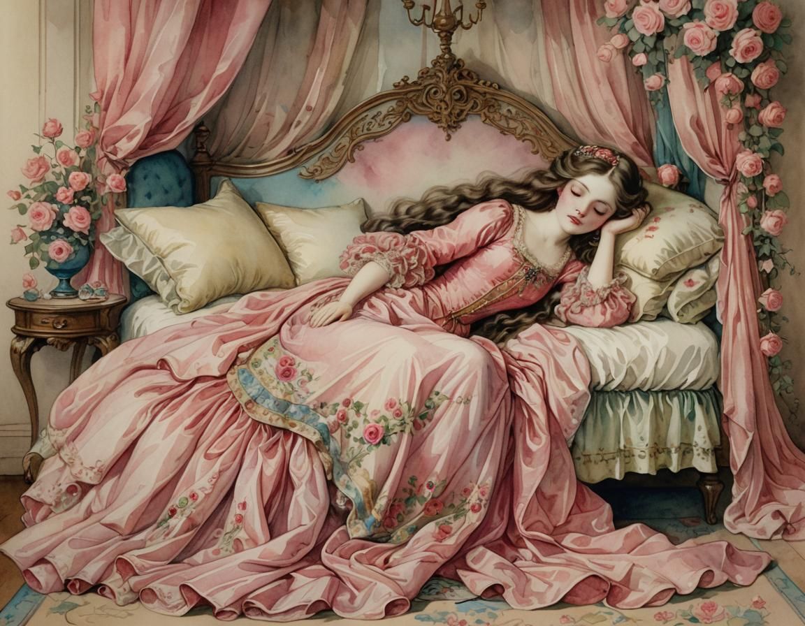 Sleeping Beauty in Rococo Dress: Warwick Goble Watercolor