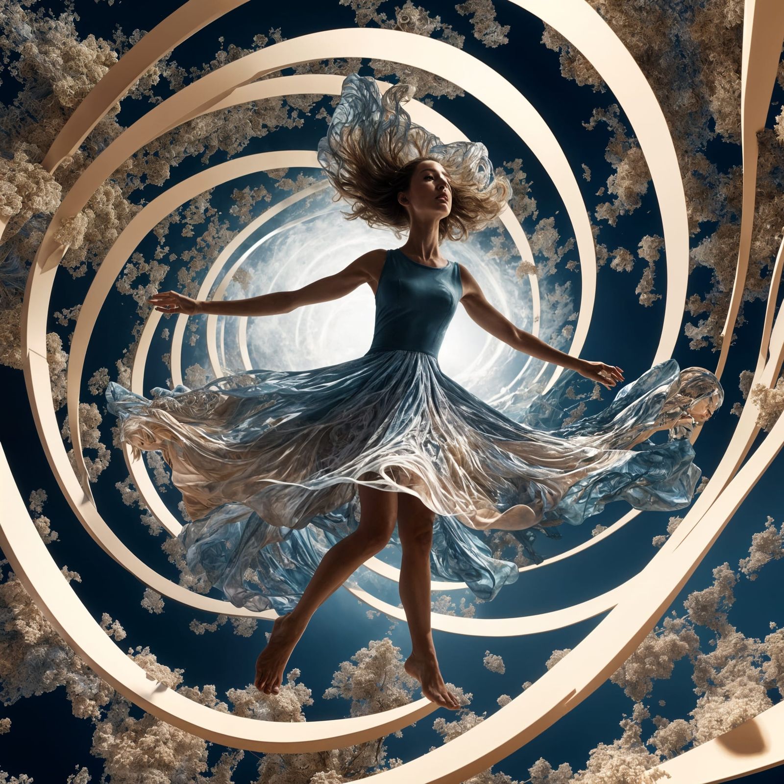 Woman Falling into Swirling Sky Portal: Abstract Fractal Art