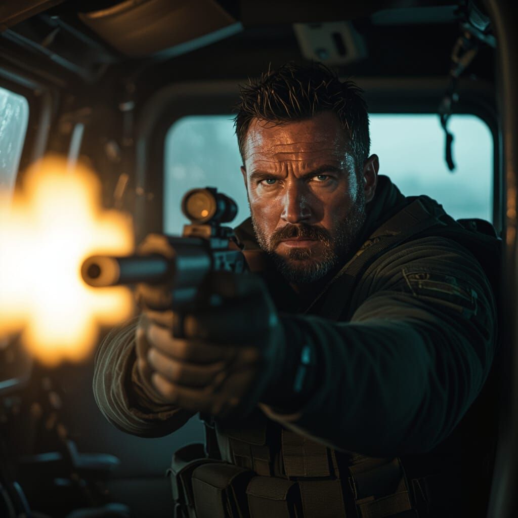 Englishman with Heavy Gun in Tanker, Cinematic Lighting