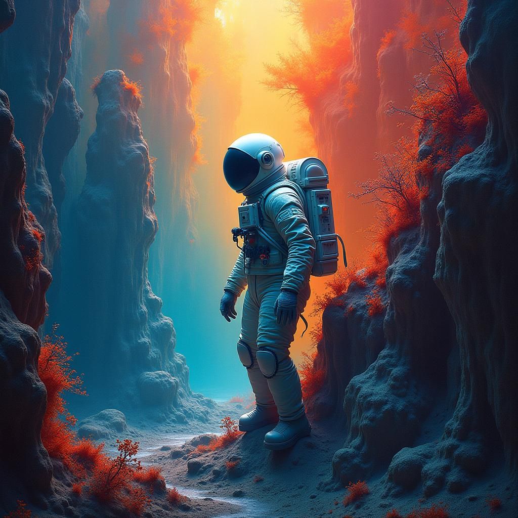 Surreal Astronaut in Fluorescent Dreamscape: Ethereal Depths
