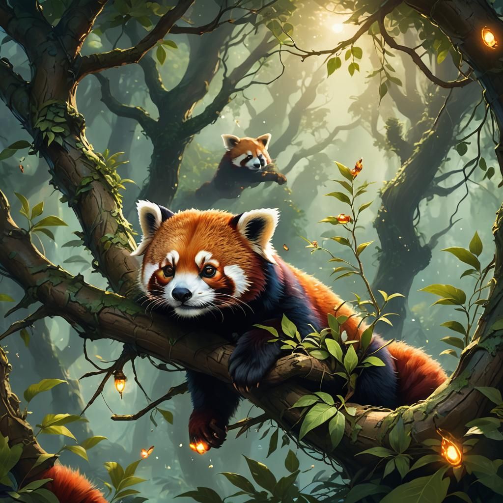 Red Panda in Lush Fantasy Landscape