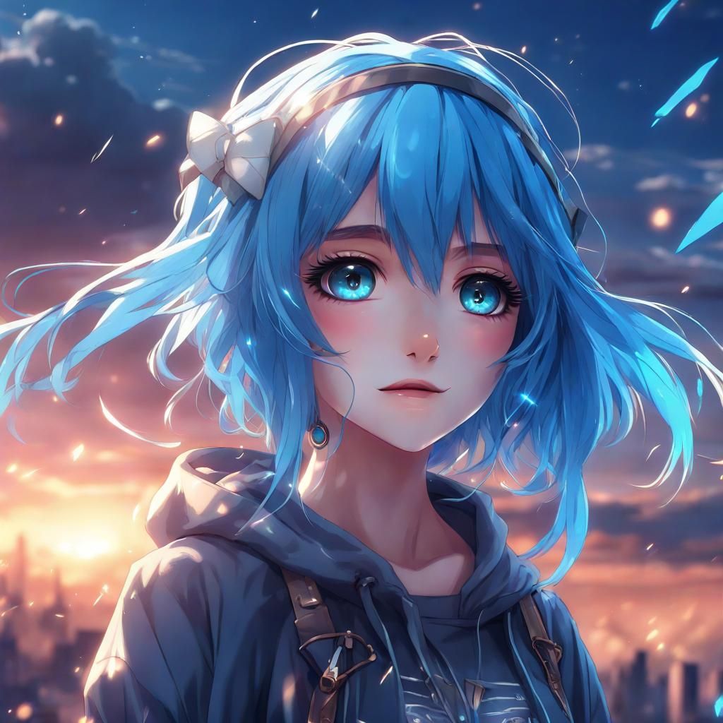 Anime Girl with Blue Hair, Detailed Digital Art