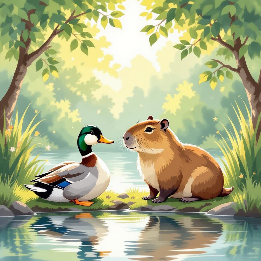 Charming Duck and Capybara by Tranquil Pond in Watercolor St...