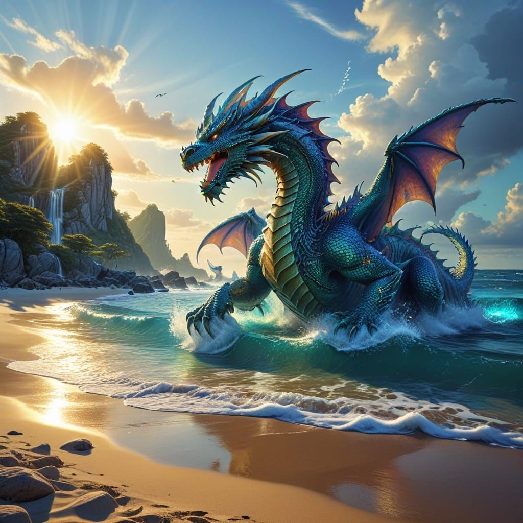 Vibrant Utopian Dragon in a Shimmering Aquatic World