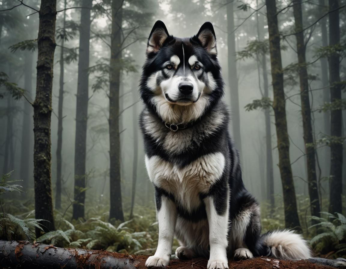 Dramatic Portrait of Alaskan Malamute in Forest