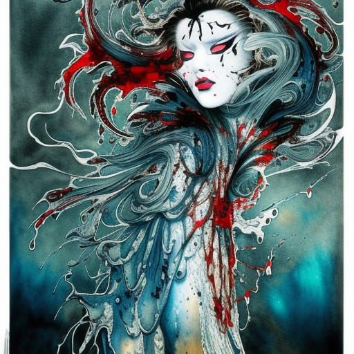Terrifying Ghost Geisha in Liquid Watercolor Style