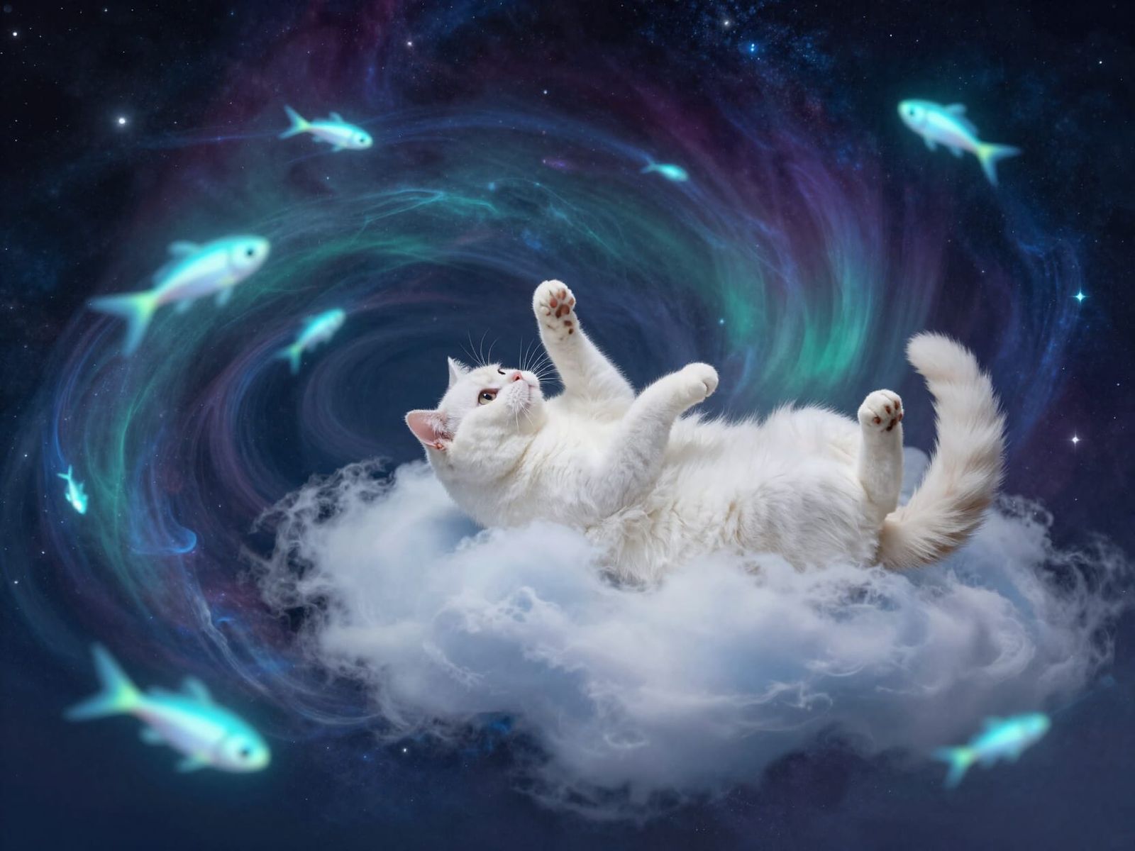 White Cat Catches Cosmic Fish on Magical Cloud