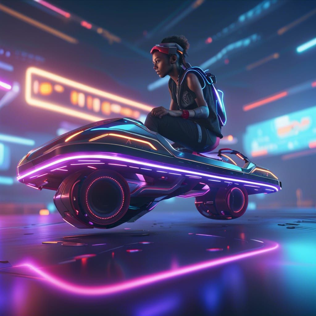 Teenager on Hoverboard in Futuristic City