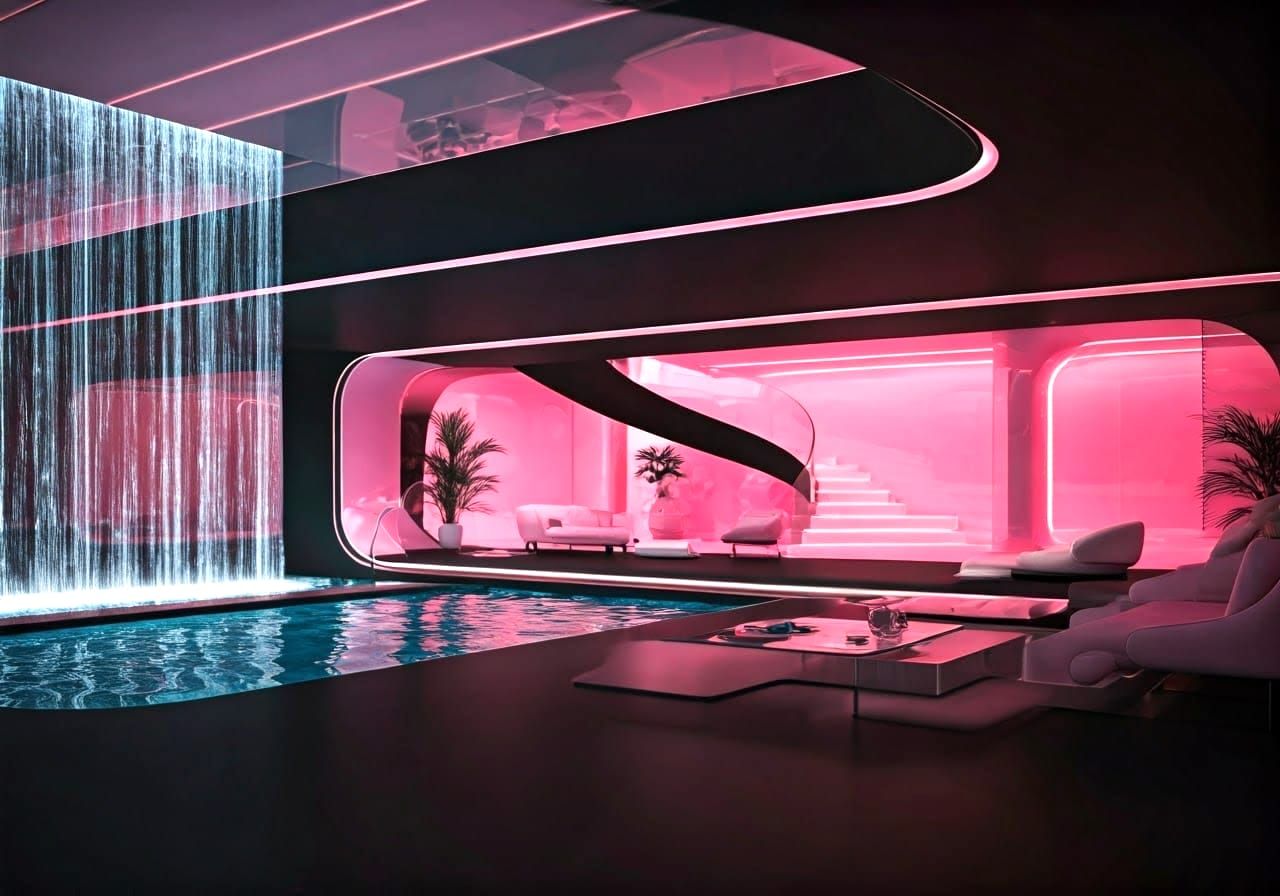 Space Age Interior with Waterfall and Pool