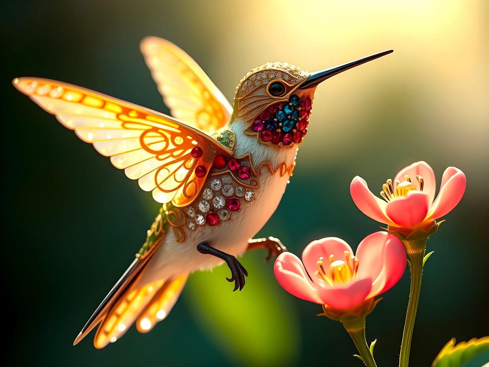 Stunning Hummingbird in Golden Filigree Perched on a Flower