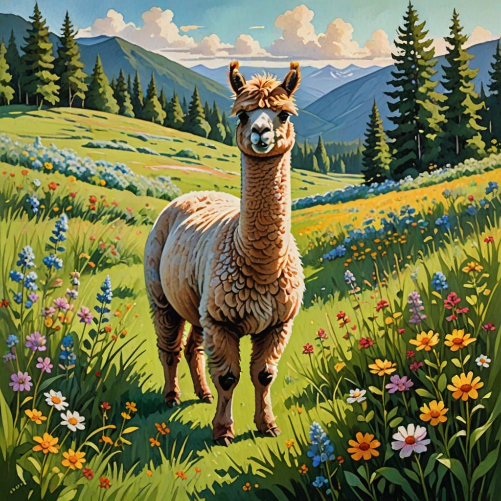 Vibrant Alpaca in Whimsical Nature Scene
